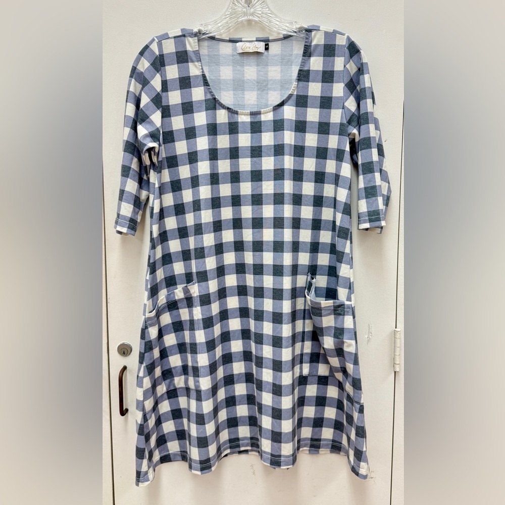 Ava Sky Gray/Blue & Cream Gingham Swing Mini Dress w/Pockets S Cottagecore Farm
